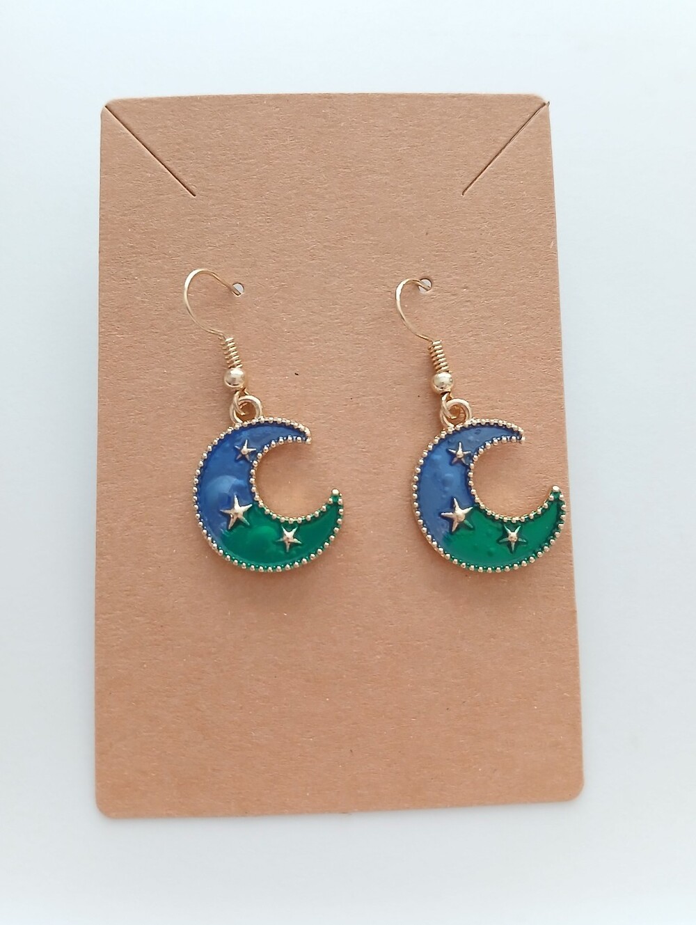 Fashion Jewelry Gold Crescent Moon Earrings with Blue and Green Enamel